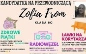 Na plakacie widać kandydatkę do  stanowiska przewodniczącej samorządu szkolnego i opis jej programu wyborczego