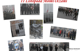 na zdjęciu widać fotoreportaż wykonany przez ucznia z uroczystych obchod&oacute;w Święta Niepodległości
