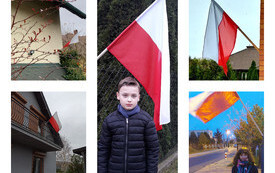 na zdjęciu widać uczni&oacute;w z flagami Polski