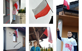 na zdjęciu widać uczni&oacute;w z flagą Polski