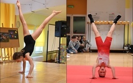 na zdjęciu widać uczestnik&oacute;w Szkolnego Mam Talent podczas akrobacji gimnastycznych