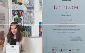zdjęcie przedstawia uczennice laureatkę 1 miejsca w Wojew&oacute;dzkim konkursie plastycznym na tle jej prac oraz dyplom kt&oacute;ry uzyskała w konkursie pod patronatem kuratorium kujawsko pomorskiego