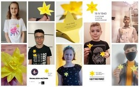 Kolaż zdjęć uczni&oacute;w z żonkilami