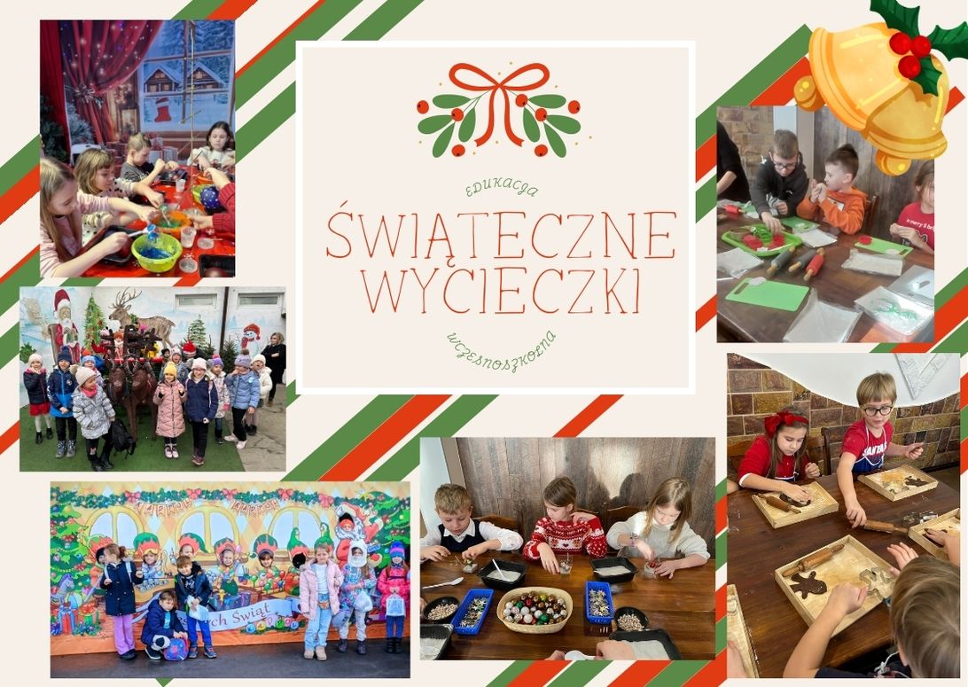 Kolaż zdjęć wycieczek z&nbsp;klas 1-3 do fabryki bombek w&nbsp;Gnieźnie oraz&nbsp;Przystani Biskupińskiej.