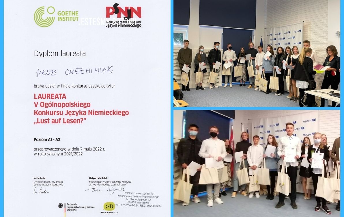 Niemiecki w rok? - Na zdjęciu widać dyplom laureata oraz dwa zdjęcia z wręczania nagród