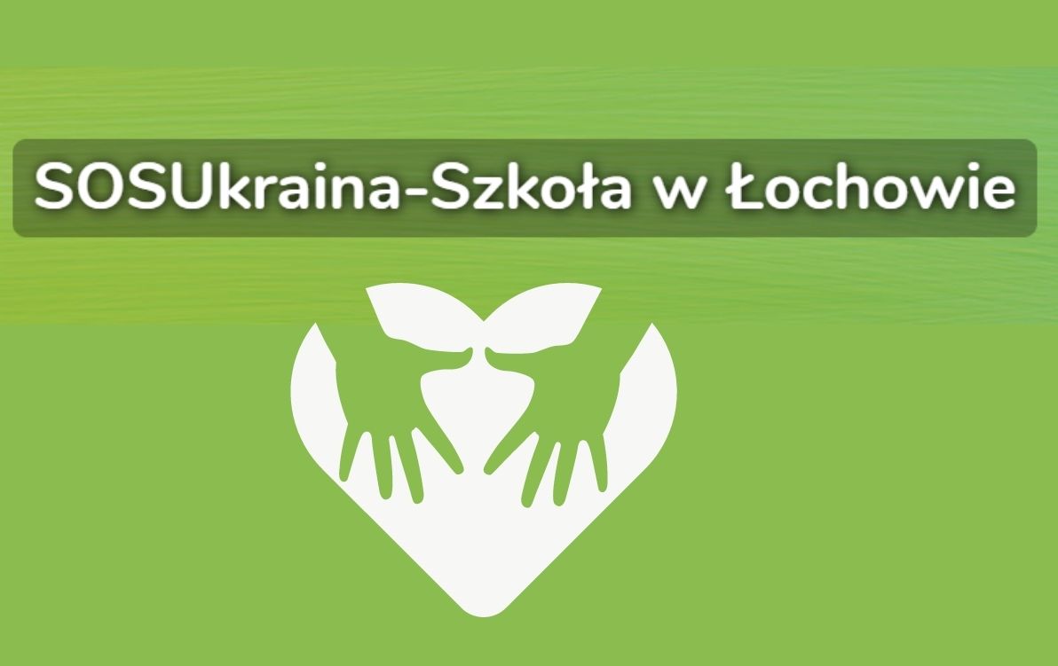 SOS Ukraina Na zielonym tle widnieje napis SOS Ukraina. Pod napisem znajduje się białe serce z dwoma dłońmi u góry