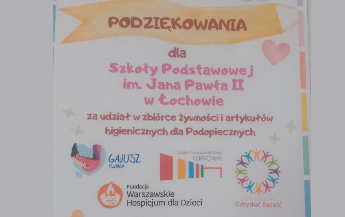 Podziękowanie za akcję charytatywną