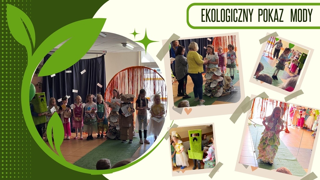 Kolaż pięciu zdjęć ukazujących uczestnik&oacute;w konkursu w&nbsp;strojach wykonanych z&nbsp;materiał&oacute;w ekologicznych i&nbsp;recyklingowych.