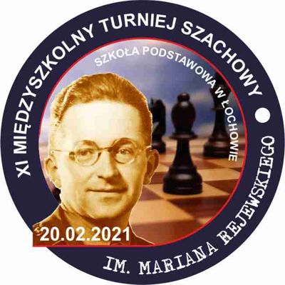 Zdjęcie przedstawia logo turnieju szachowego z podobizną Mariana Rejewskiego