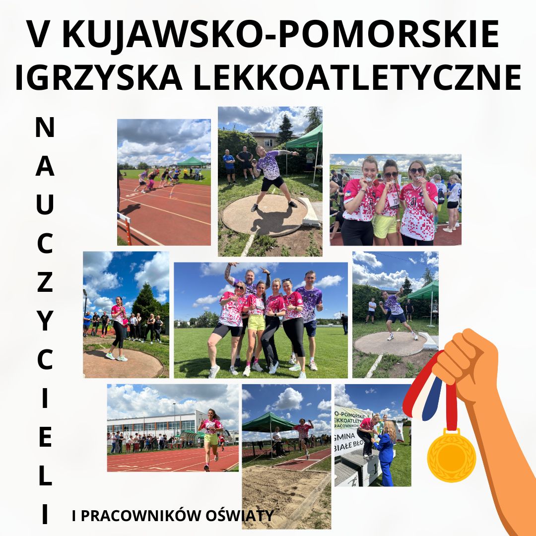 Kolaż zdjęć przedstawia nauczycieli rywalizujących w&nbsp;konkurencjach podczas igrzysk wojew&oacute;dzkich dla pedagog&oacute;w i&nbsp;pracownik&oacute;w oświaty w&nbsp;Białych Błotach.
