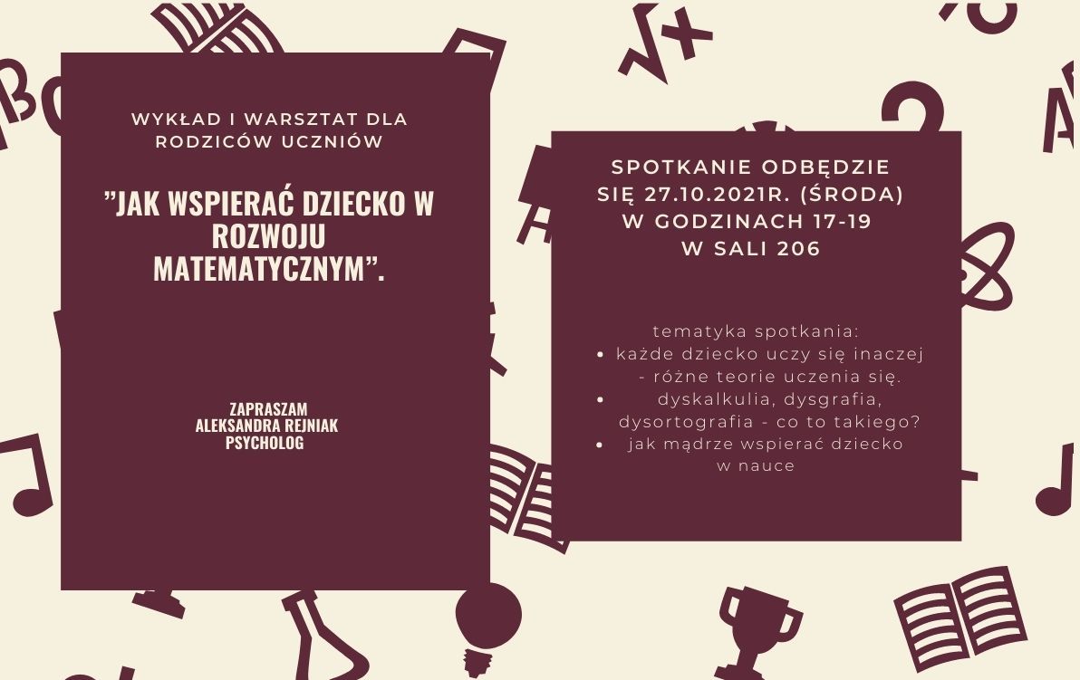 Warsztat dla rodziców "Jak wspierać dziecko w rozwoju matematycznym" Na obrazku widać plakat, w którym napisano informację na temat warsztatów