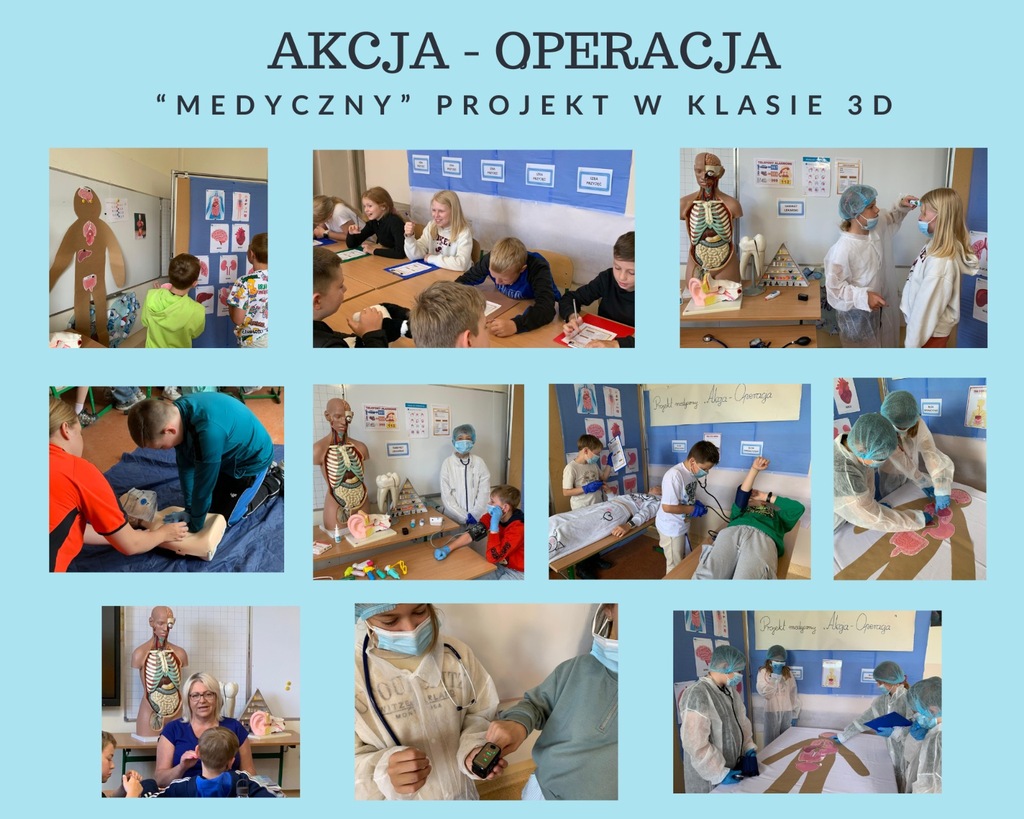 Kolaż przedstawia uczni&oacute;w klasy 3d podczas zajęć "medycznych" oraz&nbsp;spotkań z&nbsp;pielęgniarką szkolną i&nbsp;ratowniczkami medycznymi.