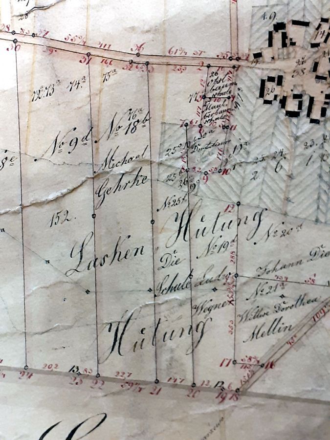 Fragment mapy separacyjnej Łochowa z zaznaczoną parcelą szkolną z 1849 roku Fragment mapy separacyjnej Łochowa z zaznaczoną parcelą szkolną z 1849 roku