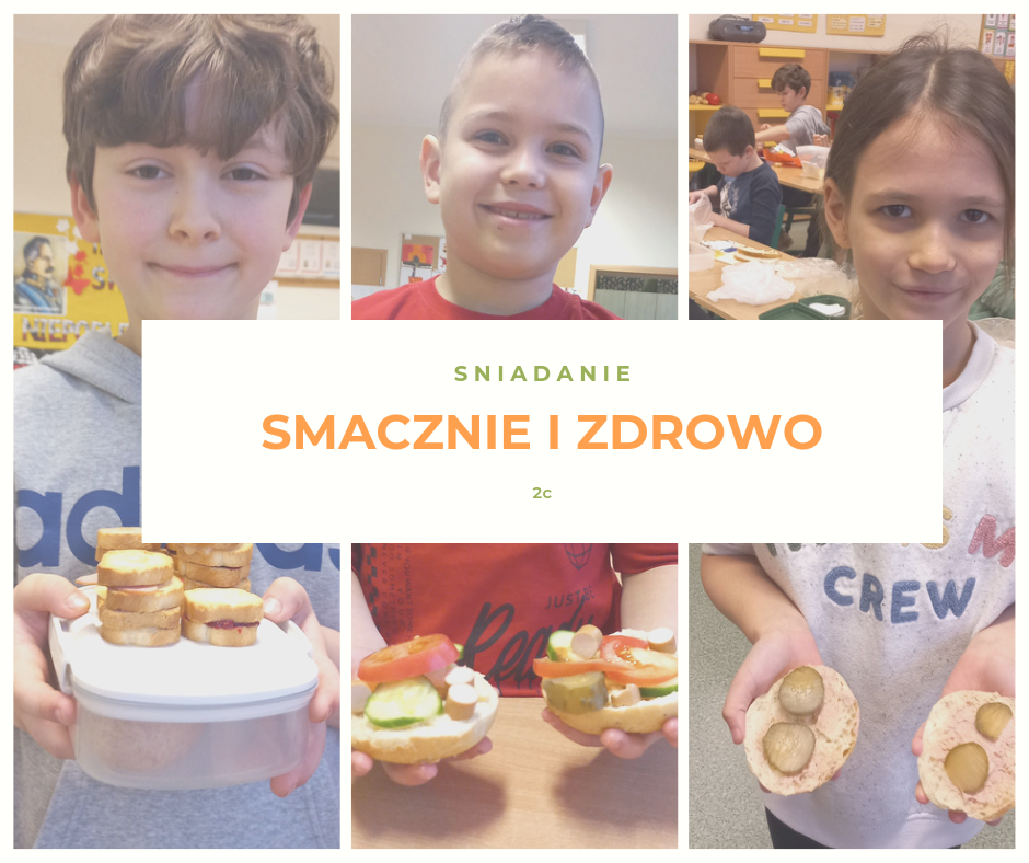 Smacznie i zdrowo w 2c Kolaż trzech zdjęć - dzieci z klasy 2c wraz z własnoręcznie przygotowanymi kanapkami.