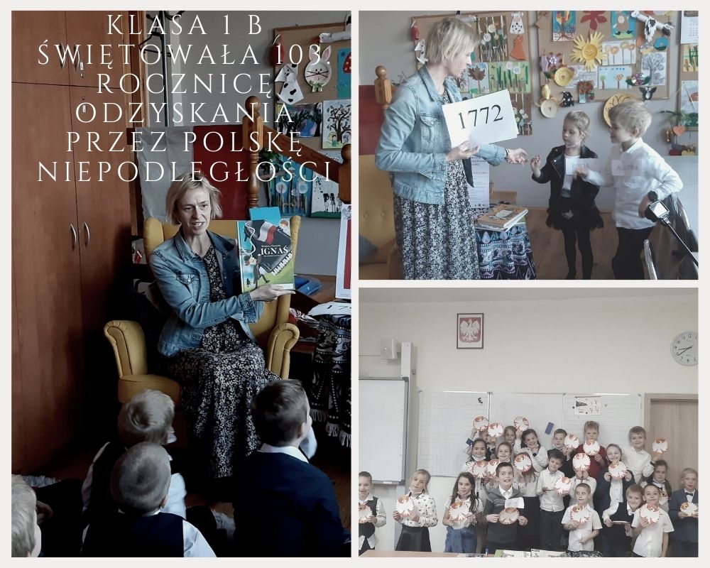 1 b świętuje Dzień Niepodległości w bibliotece w Łochowie Kolaż zdjęć przedstawiający uczniów klasy 1 b na zajęciach w bibliotece w Łochowie.