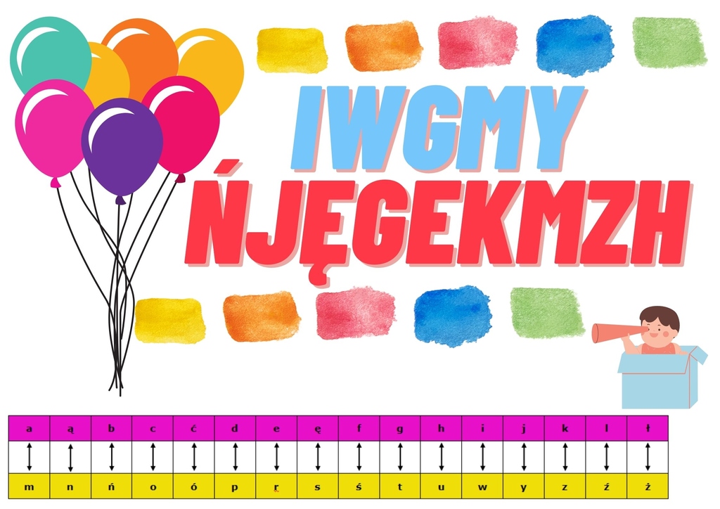 Na zdjęciu widać balony i chłopca z lornetką. Chłopiec przygląda się literkom, które mają rozwiązać zagadkę hasła powitalnego