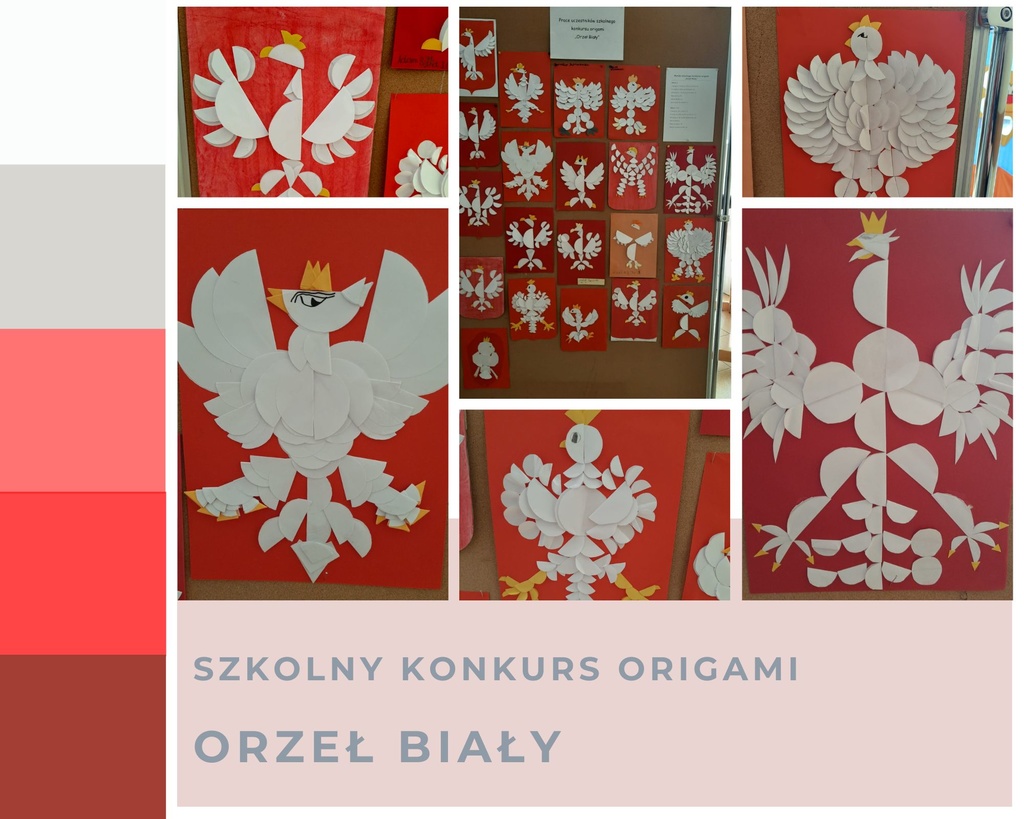 Prace konkursowe "Orzeł Biały" Kolaż przedstawiam zdjęcia prac dzieci - biały orzeł wykonany techniką origami.