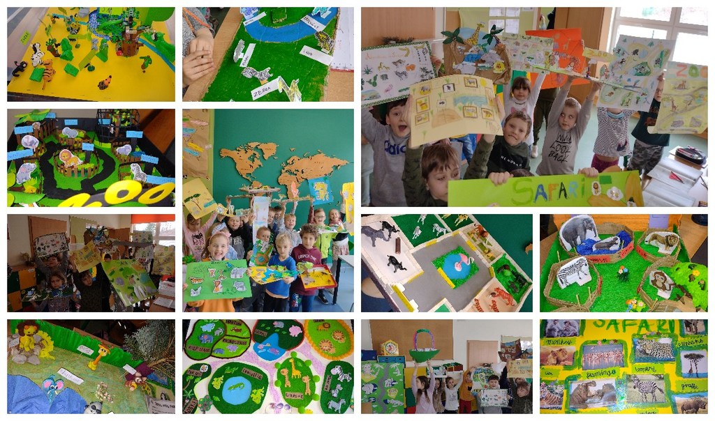 Safari w wykonaniu 1a i 1c Kolaż zdjęć przedstawiający prace dzieci - plakiety oraz makiety przedstawiające zwierzęta na safari.