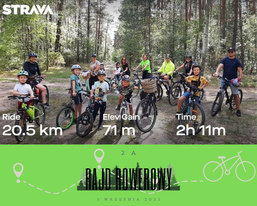 Rajd rowerowy 2a Zdjęcie przedstawia uczestników rajdu rowerowego - uczniów klasy 2a wraz z rodzicami - na tle lasu.