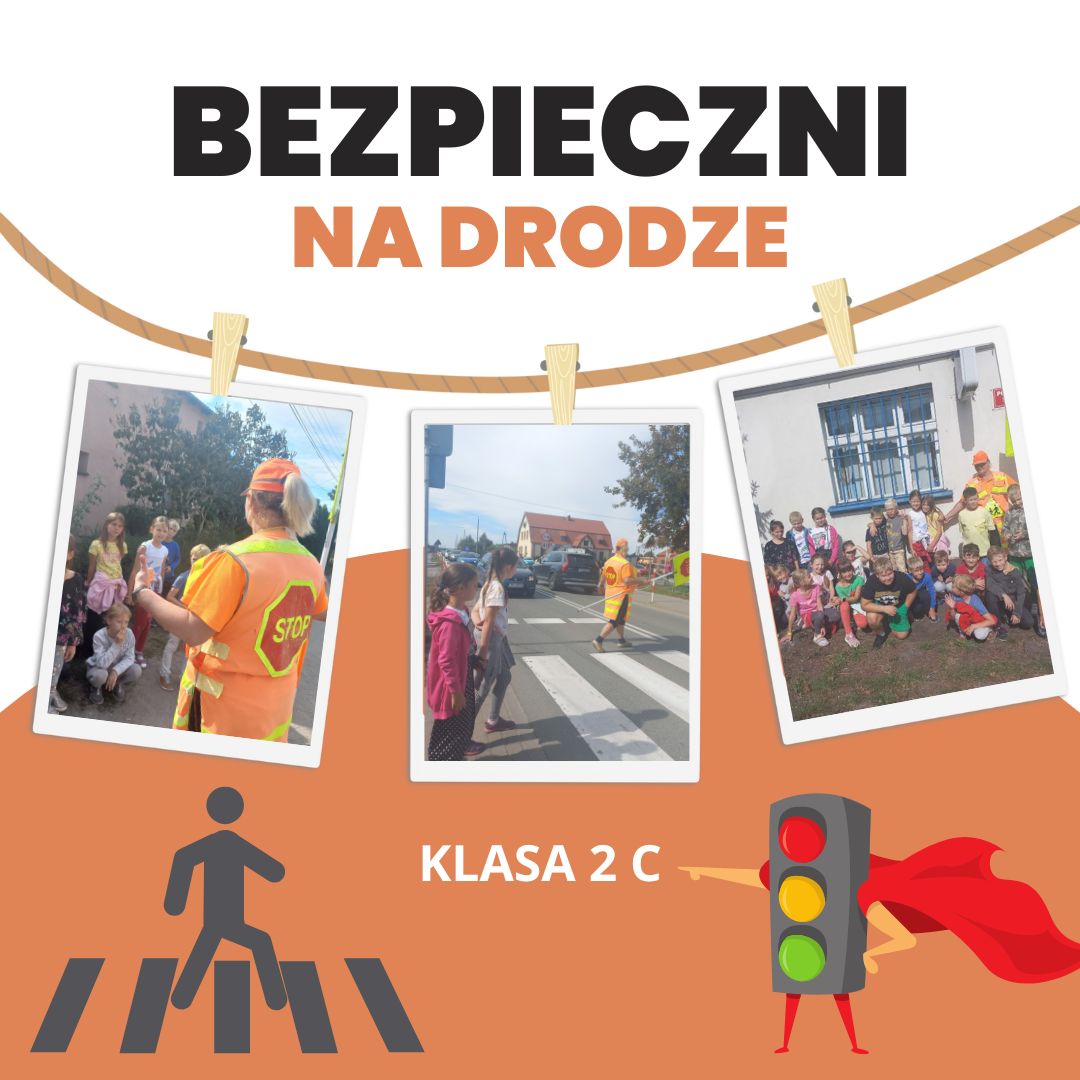 Bezpieczni na drodze w 2c Kolaż zdjęć przedstawiający uczniów z klasy 2c na zajęciach dotyczących bezpiecznego poruszania się po drogach.
