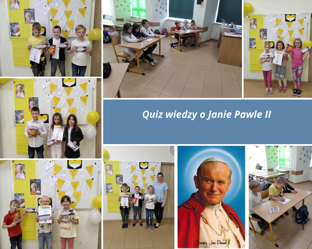 Kolaż zdjęć przedstawiający delegacje z klas pierwszych biorących udział w konkursie wiedzy o papieżu Janie Pawle II.