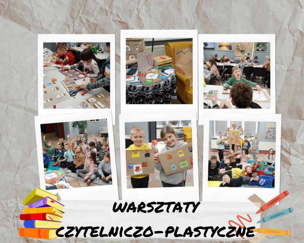 Warsztaty czytelniczo-plastyczne w 2a Kolaż przedstawia dzieci z klasy 2a podczas warsztatów czytelniczo-plastycznych w gminnej bibliotece.