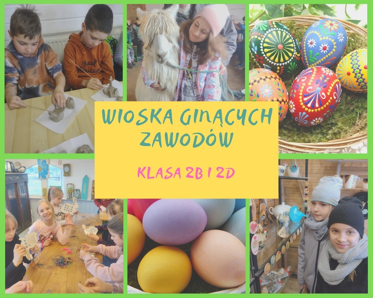 Wioska Ginących Zawodów 2b i 2d Kolaż zdjęć przedstawiający dzieci podczas wycieczki do Wioski Ginących Zawodów