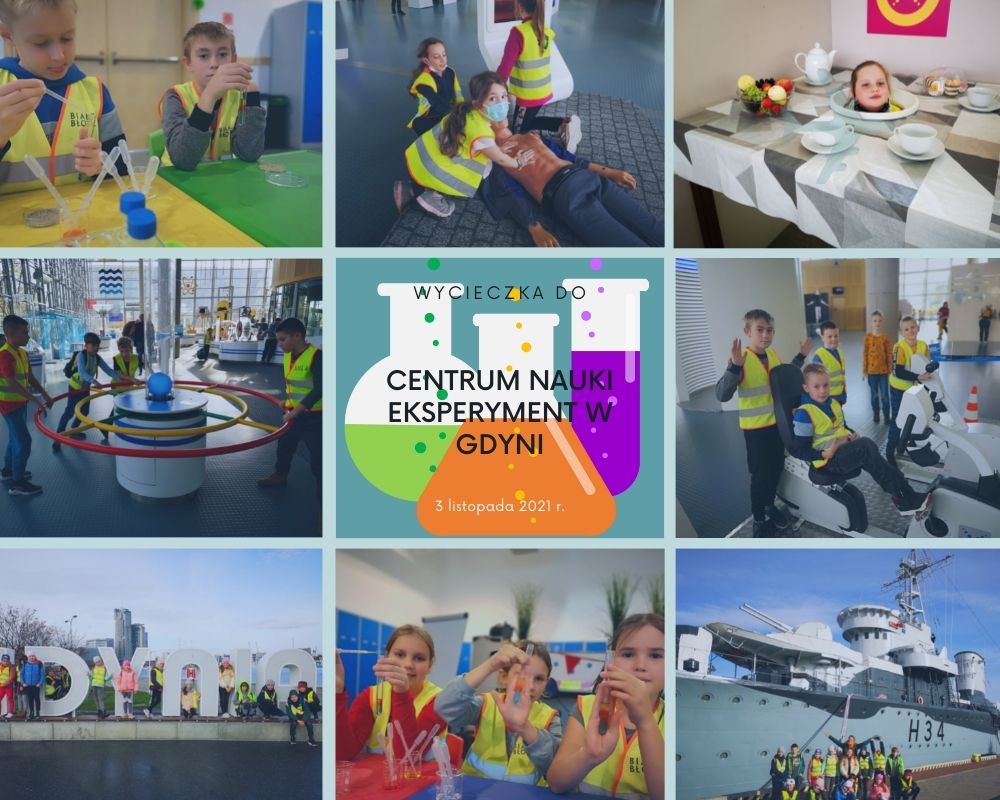 Wycieczka do Gdyni Obraz przedstawia kolaż zdjęć uczniów klasy 3 b z wycieczki do Gdyni (Centrum Nauki Eksperyment oraz Port Gdyński).