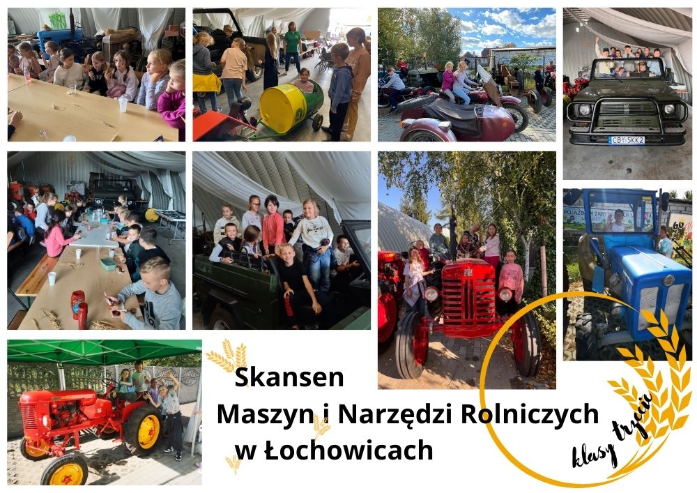 Kolaż zdjęć przedstawiający uczni&oacute;w klas trzecich na&nbsp;zajęciach terenowych w&nbsp;Skansenie Maszyn i&nbsp;Narzędzi Rolniczych w&nbsp;Łochowicach