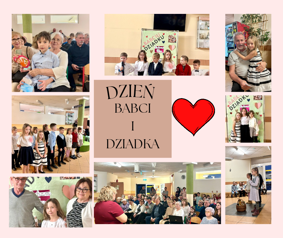 Kolaż zdjęć z&nbsp;Dnia Babci i&nbsp;Dziadka w&nbsp;klasie 1c, uczniowie podczas występu oraz&nbsp;pozujący z&nbsp;dziadkami.
