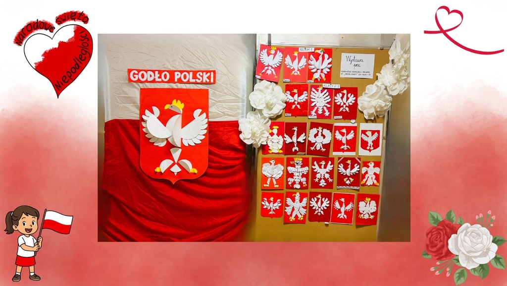 Na zdjęciu widać tablicę korkową z&nbsp;powieszonymi na&nbsp;niej pracami dzieci, przedstawiającymi godło Polski wykonane z&nbsp;białych i&nbsp;czerwonych k&oacute;ł metodą origami.