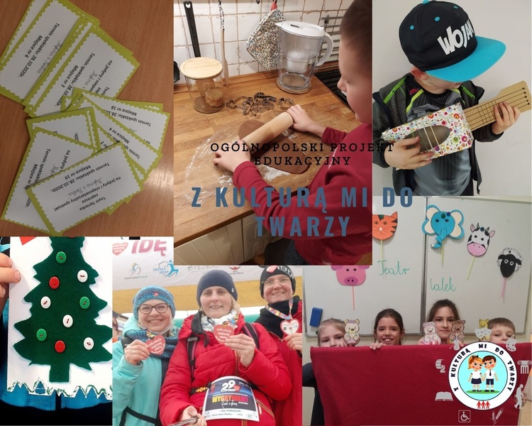 Zadania z projektu "Z kulturą mi do twarzy" Zdjęcie przedstawia kolaż, który dokumentuje zadania wykonane podczas projektu: bilety do teatru, uczeń wałkujący ciasto na pierniki, uczeń z własnoręcznie wykonaną gitarą, kartka bożonarodzeniowa, nauczycielki biorące udział w zawodach nordic walking, dzieci z pacynkami.