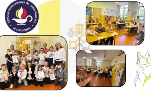 Kolaż zdjęć przedstawiający logo szkoły, sylwetkę Jana Pawła II, uczestników podczas konkursu oraz pozujących do fotografii z dyplomami w dłoniach.