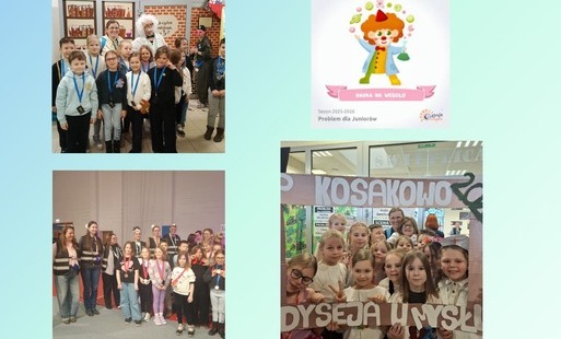 Obraz to kolaż trzech zdjęć przedstawiających Odyseuszy Juniorów podczas wizyty w Kosakowie oraz logo tegorocznej Odyseji Umysłu.