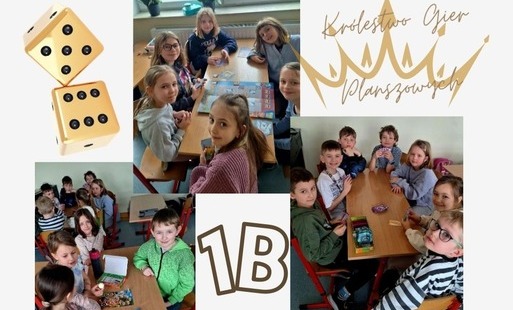 Kolaż z trzech zdjęć przedstawiający uczniów klasy 1b siedzących przy łąwkach szkolnych i grających w gry planszowe.