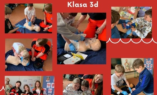 Kolaż zdjęć przedstawia uczniów klasy 3d podczas zajęć z pierwsze pomocy przedmedycznej.