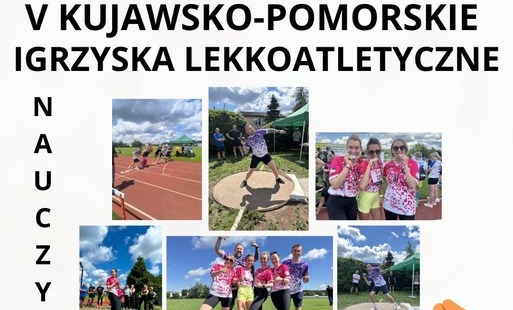Kolaż zdjęć przedstawia nauczycieli rywalizujących w konkurencjach podczas igrzysk wojewódzkich dla pedagogów i pracowników oświaty w Białych Błotach.