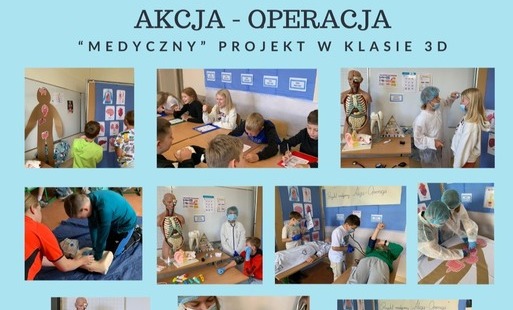 Kolaż przedstawia uczniów klasy 3d podczas zajęć "medycznych" oraz spotkań z pielęgniarką szkolną i ratowniczkami medycznymi.